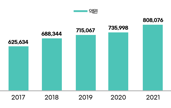 억원 - 2017년 625,634억원 / 2018년 688,344억원 / 2019년 715,067억원 / 2020년 735,998억원 / 2021년 808,076억원