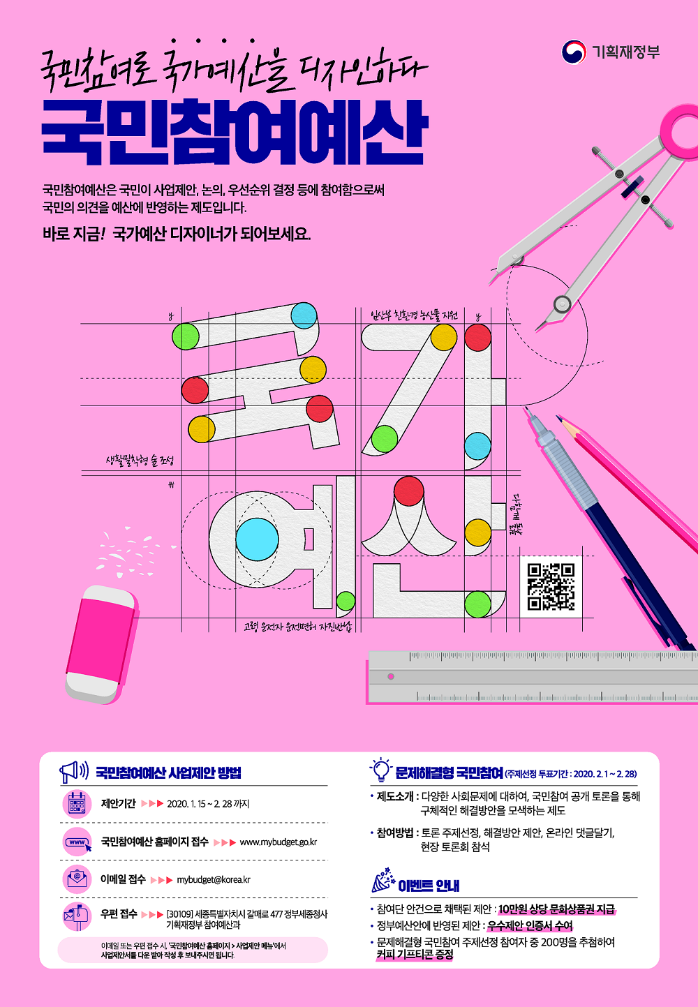 국민참여로 국가예산을 디자인하다 국민참여예산 국민참여예산은 국민이 사업제안, 논의 우선순위 결정 등에 참여함으로써 국민의 의견을 예산에 반영하는 제도입니다. 바로 지금! 국가예산 디자이너가 되어보세요. 임산부 친환경 농산물 지원/ 생활밀착형 숲 조성/ 고령 운전자 운전면허 자진반납/ 다함께 돌봄 / 
국민참여예산 사업제안 방법
제안기간:2020.1.15.~2.28까지
국민참여예산 홈페이지 접수:www.mybudget.go.kr
이메일접수:mybudget@korea.kr
우편접수:[30109]세종특별자치시 갈매로 477 정부세종청사 기획재정부 참여예산과
이메일 또는 우편 접수 시, ‘국민참여예산 홈페이지> 사업제안 메뉴’에서 사업제안서를 다운받아 작성 후 보내주시면 됩니다.
문제해결형 국민참여(주제선정 투표기간:2020.2.1.~2.28)
-제도소개:다양한 사회문제에 대하여, 국민참여 공개 토론을 통해 구체적인 해결방안을 모색하는 제도
참여방법:토론 주제선정, 해결방안 제안, 온라인 댓글달기, 현장 토론회 참석
이벤트 안내
- 참여단 안건으로 채택된 제안:10만원 상당 문화상품권 지급
- 정부예산안에 반영된 제안:우수제안 인증서 수여
- 문제해결형 국민참여 주제선정 참여자 중 200명을 추첨하여 커피 기프트콘 증정