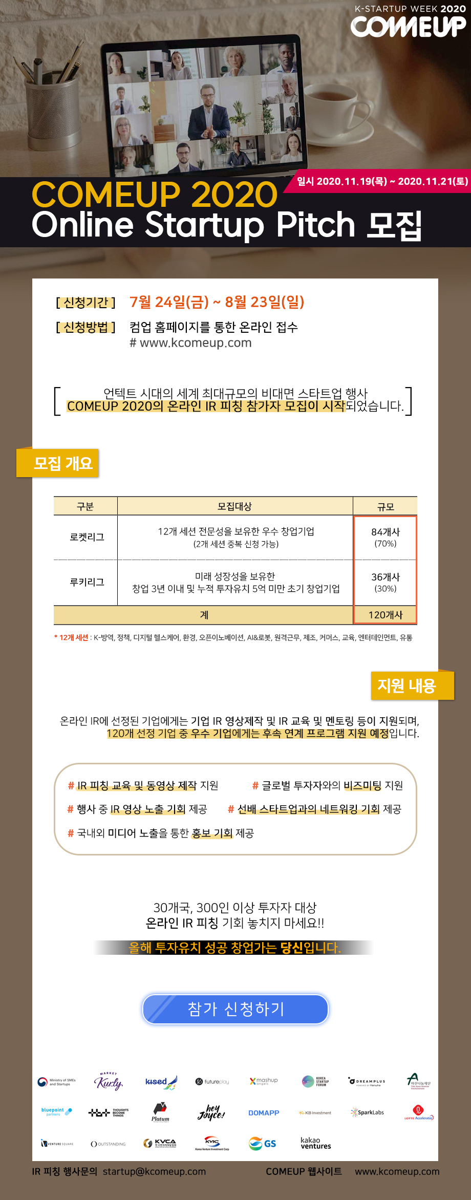 COMEUP 2020. Online Startup Pitch 모집
□ 일시:2020.11.19.(목) ~ 2020.11.21.(토)
□ 신청기간:7월 24일(금) ~ 8월 23일(일)
□ 신청방법:컴업 홈페이지를 통한 온라인 접수. 
# www.kcomup.com
언택트 시대의 세계 최대규모의 비대면 스타트업 행사 COMEUP 2020의 온라인 IR 피칭 참가자 모집이 시작되었습니다.
□ 모집 개요
- 로켓리그 부문 / 12개 세션 전문성을 보유한 우수 창업기업 (2개 세션 중복 신청 가능). 84개사(70%). 
- 루키리그 부문 / 미래 성장성을 보유한 창업 3년 이내 및 누적 투자유치 5억 미만 초기 창업기업. 36개사 (30%). 
* 12개 세션:K-방역, 정책, 디지털 헬스케어, 환경, 오픈이노베이션, AI&로봇, 원격근무, 제조, 커머스, 교육, 엔터테인먼트, 유통.
□ 지원내용
온라인 IR에 선정된 기업에게는 기업 IR 영상제작 및 IR 교육 및 멘토링 등이 지원되며, 120개 선정 기업 중 우수 기업에게는 후속 연계 프로그램 지원 예정입니다. 
□ #IR 피칭 교육 및 동영상 제작 지원 
□ #글로벌 투자자와의 비즈미팅 지원 
□ #행사 중 IR 영상 노출 기회 제공 
□ #선배 스타트업과의 네트워킹 기회 제공 
□ #국내외 미디어 노출을 통한 홍보 기회 제공

30개국, 300인 이상 투자자 대상. 온라인 IR 피칭 기회 놓치지 마세요.!! 
올해 투자유치 성공 창업가는 당신입니다.