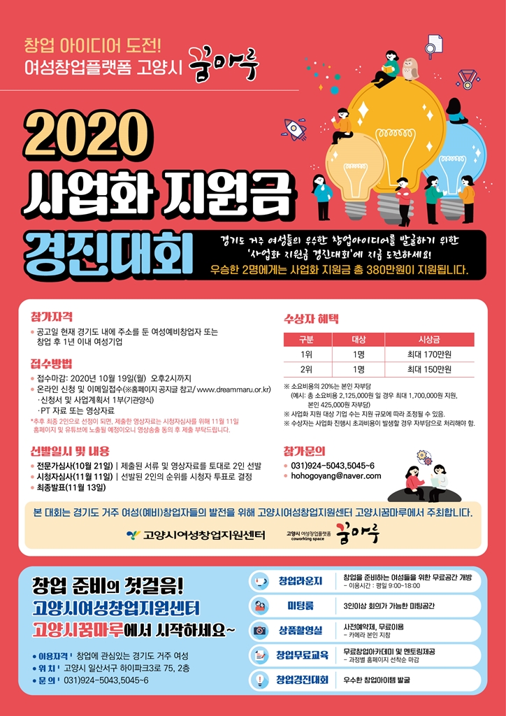 창업 아이디어 도전! 여성창업플랫폼 고양시 꿈마루. 
2020 사업화 지원금 경진대회. 
경기도 거주 여성들의 우수한 창업아이디어를 발굴하기 위한 ‘사업화 지원금 경진대회’에 지금 도전하세요! 
우승한 2명에게는 사업화 지원금 총 380만 원이 지원됩니다. 
□ 참가 자격
- 공고일 현재 경기도 내에 주소를 둔 여성 예비창업자 또는 창업 후 1년 이내 여성기업
□ 접수 방법
- 접수 마감:2020년 10월 18일(월) 오후 2시까지
- 온라인 신청 및 이메일 접수(*홈페이지 공지글 참고 www.dreammaru.or.kr) 
  신청서 및 사업계획서 1부(기관 양식) 
  PT 자료 또는 영상자료.
* 추후 최종 2인으로 선정이 되면, 제출한 영상자료는 시청자심사를 위해 11월 11일 홈페이지 및 유튜브에 노출될 예정이오니 영상송출 동의 후 제출 부탁드립니다. 
□ 선발일시 및 내용
- 전문가심사(10월 21일) : 제출된 서류 및 영상자료를 토대로 2인 선발. 
- 시청자심사(11월 11일) :선발된 2인의 순위를 시청자 투표로 결정, 
- 최종발표(11월 13일)
□ 수상자 혜택
1위. 1명. 최대 170만 원
2위 1명. 최대 150만 원
* 소요 비용의 20%는 본인 자부담
  (예시:총 소요 비용 2,125,000원 일 경우 최대 1,700,000원 지원. 본인 425,000원 자부담). * 사업화 지원 대상 기업 수는 지원 규모에 따라 조정될 수 있음. 
* 수상자는 사업화 진행시 초과비용이 발생할 경우 자부담으로 처리해야 함. 
□ 참가문의. 
- 031)924-5043, 5045-6
- hohogoyang@naver.com 
본 대회는 경기도 거주 여성(예비)창업자들의 발전을 위해 고양시영성창업지원센터 고양시꿈마루에서 주최합니다.
고양시여성창업지원센터 고양시 여성창업플랫폼 꿈마루 
창업 준비의 첫걸음! 고양시여성창업지원센터 고양시꿈마루에서 시작하세요~ 
-이용자격 창업에 관심있는 경기도 거주 여성 -위치 고양시 일산서구 하이파크3로 75,2층 -문의 031)924-5043,5045~6
창업라운지:창업을 준비하는 여성들을 위한 무료공간 개방 
미팅룸: 3인이상 회의가 가능한 미팅공간
상품촬영실 : 사전예약제, 무료이용 -카메라 본인 지참
창업무료교육:무료창업아카데미 및 멘토링제공 -과정별 홈페이지 선착순 마감
창업경진대회:우수한 창업아이템 발굴 
