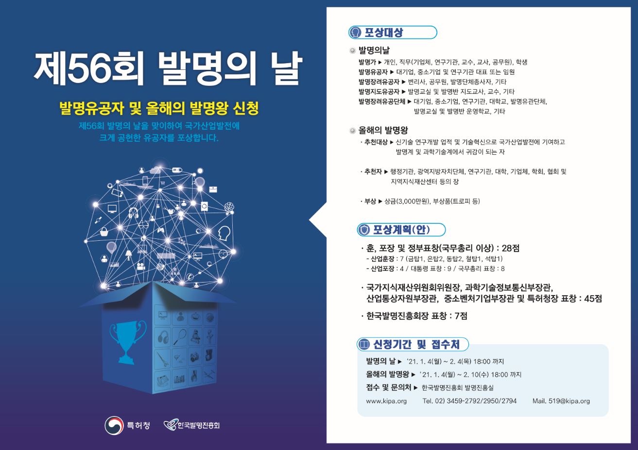 제56회 발명의 날 발명유공자 및 올해의 발명왕 신청. 제56회 발명의날을 맞이하여 국가산업발전에 크게 공헌한 유공자를 포상합니다. 포상대상 발명의날 발명가-개인, 직무 발명유공자-대기업, 중소기업 및 연구기관 대표 또는 임원 발명장려유공자-변리사, 공무원, 발명단체종사자, 기타 발명지도 유공자-발명교실 및 발명반 지도교수, 교수, 기타 발명장려유공단체-대기업, 중소기업, 연구기관, 대학교, 발명유관단체, 발명교실 및 발명반 운영학교, 기타. 올해의 발명왕 추천대상-신기술 연구개발 업적 및 기술혁신으로 국가산업발전에 기여하고 발명계 및 과학기술계에서 귀감이 되는자 추천자-행정기관, 광역지방자치단체, 연구기관, 대학, 기업체, 학회, 협회 및 지역지식재산센터 등의 장, 부상-상금 3000만원 부상품 트로피등. 포상계획 훈, 포장 및 정부표창 (국모총리 이상) : 28점 등, 신청기간 및 접수처 발명의날021.1.4(월)~2.4(목) 18:00까지, 올해의 발명왕-21.1.4(월)~2.10(수) 18:00까지, 접수 및 문의처-한국발명진흥회 발명진흥실 