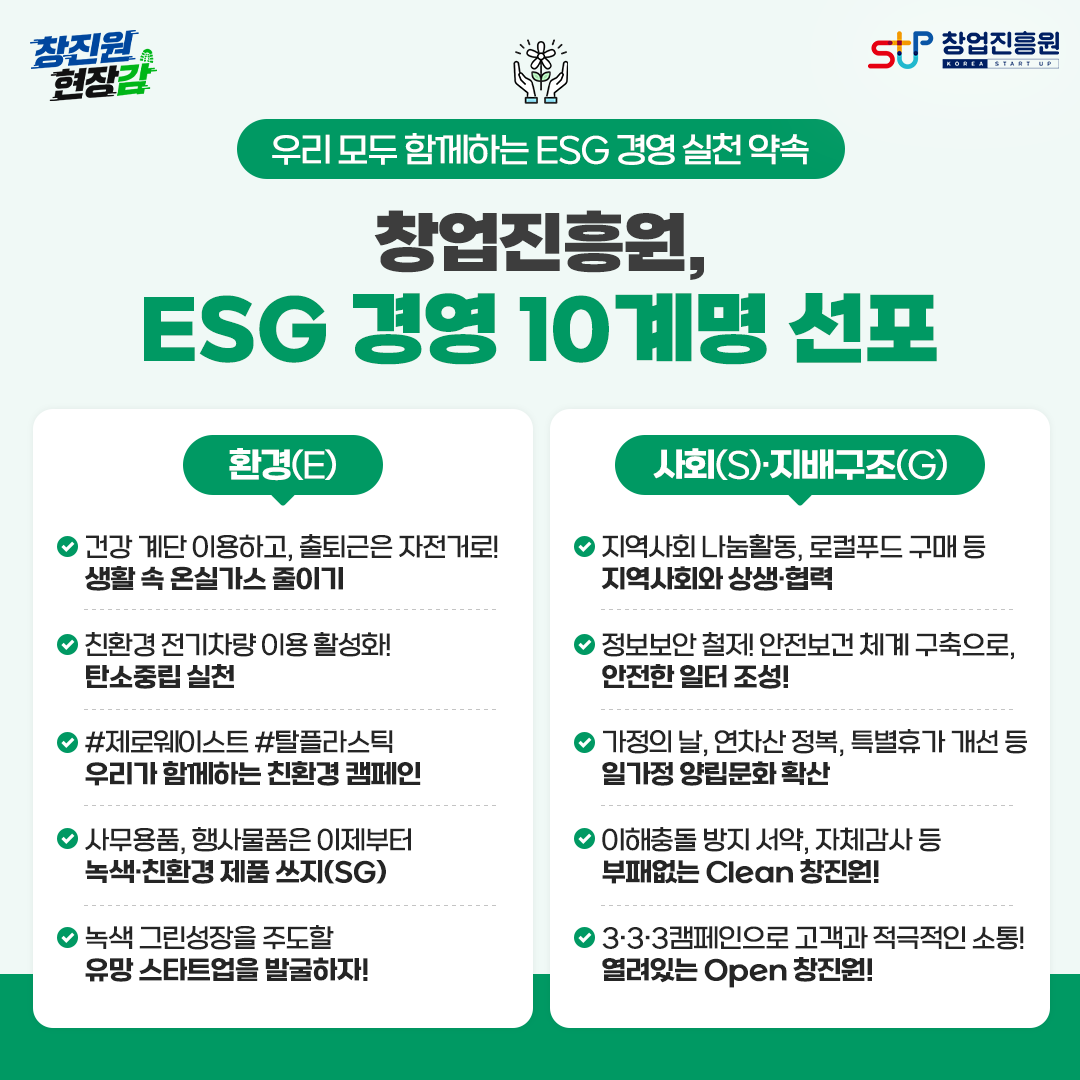 우리 모두 함께하는 ESG 경영 실천 약속
창업진흥원,
ESG 경영 10계명 선포
①환경(E)
- 건강 계단 이용하고, 출퇴근은 자전거로!
  생활 속 온실가스 줄이기
- 친환경 전기차량 이용 활성화!
  탄소중립 실천
- #제로웨이스트 #탈플라스틱
  우리가 함께하는 친환경 캠페인
- 사무용품, 행사물품은 이제부터
  녹색.친환경 제품 쓰지(SG)
- 녹색 그린성장을 주도할
  유망 스타트업을 발굴하자!

② 사회(S), 지배구조(G)
- 지역사회 나눔활동, 로컬푸드 구매 등
  지역사회와 상생.협력
- 정보보안 철저! 안전보건 체계 구축으로,
  안전한 일터 조성!
- 가정의 날, 연차산 정복, 특별휴가 개선 등
  일가정 양립문화 확산
- 이해충돌 방지 서약, 자체감사 등
  부패없는 Clearn 창진원!
- 3.3.3 캠페인으로 고객과 적극적인 소통!
  열려있는 Open 창진원!