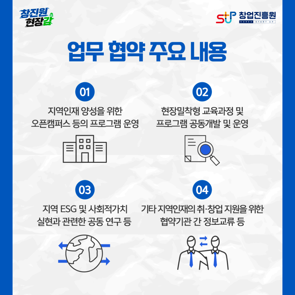 업무 협약 주요 내용
01 지역인재 양성을 위한 오픈캠퍼스 등의 프로그램 운영
02 현장및락형 교육과정 및 프로그램 공동개발 및 운영
03 지역 ESG 및 사회적가치 실현과 관련한 공동 연구 등
04 기타 지역인재의 취ㆍ창업 지원을 위한 협약기관 간 정보교류 등