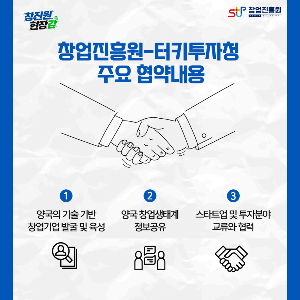 창업진흥원-터키투자청 주요 협약내용. 1. 양국의 기술 기반 창업기업 발굴 및 육성 2. 양국 창업생태계 정보공유 3. 스타트업 및 투자분야 교류와 협력