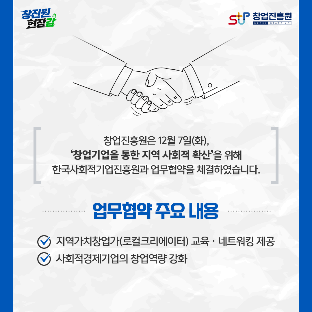 창업진흥원은 12월 7일(화), '창업기업을 통한 지역 사회적 확산'을 위해 한국사회적기업진흥원과 업무협약을 체결하였습니다. 업무협약 주요 내용 : - 지역가치창업가(로컬크리에이터) 교육·네트워킹 제공, - 사회적경제기업의 창업역량 강화