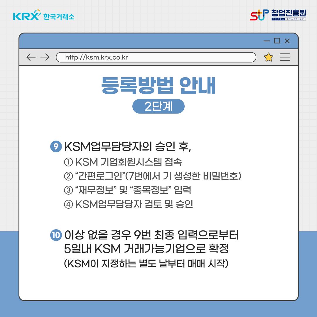 등록 방법 안내 - 2단계.⑨ KSM업무담당자의 승인 후, 1. KSM 기업회원시스템 접속 2.'간편로그인'(7번에서 기 생성한 비밀번호) 3.'재무정보' 및 '종목정보' 입력 4.KSM업무담당자 검토 및 승인 ⑩ 이상 없을 경우 9번 최종 입력으로부터 5일내 KSM 거래가능기업으로 확정(KSM이 지정하는 별도 날부터 매매 시작)