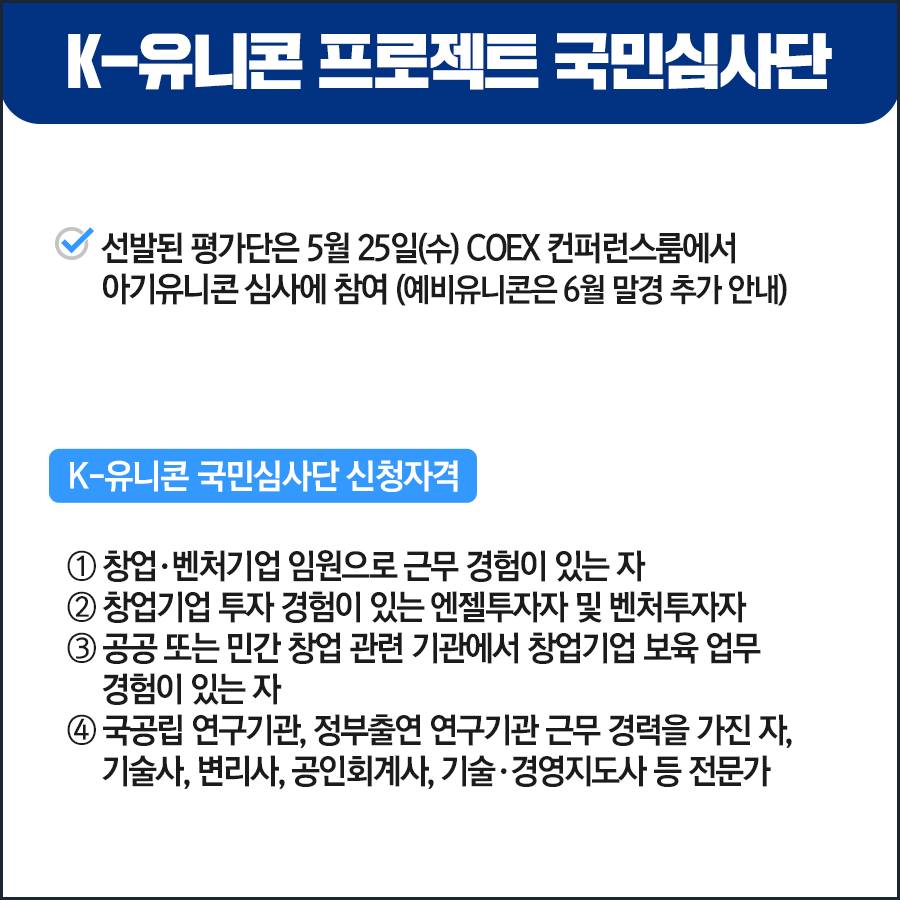 K-유니콘 프로젝트 국민심사단 -선발된 평가단은 5월 25일(수) COEX 컨퍼런스룸에서 아기유니콘 심사에 참여(예비유니콘은 6월 말경 추가 안내) K-유니콘 국민심사단 신청자격 ①창업·벤처기업 임원으로 근무 경험이 있는 자 ②창업기업 투자 경험이 있는 엔젤투자자 및 벤처투자자 ③공공 또는 민간 창업 관련 기관에서 창업기업 보육 업무 경험이 있는 자 ④국공립 연구기관, 정부출연 연구기관 근무 경력을 가진 자, 기술사, 변리사, 공인회계사, 기술·경영지도사 등 전문가