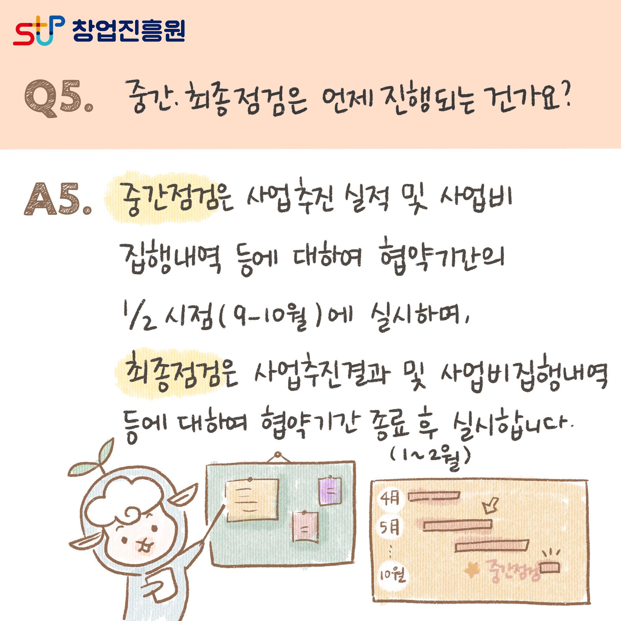 Q5. 중간, 최종 점검은 언제 진행되는 건가요? A5. 중간점검은 사업추진 실적 및 사업비 집행내역 등에 대하여 협약기간의 2분의1 시점(9-10월)에 실시하며, 최종점검은 사업추진결과 및 사업비집행내역 등에 대하여 협약기간 종료 후(1~2월) 실시합니다.