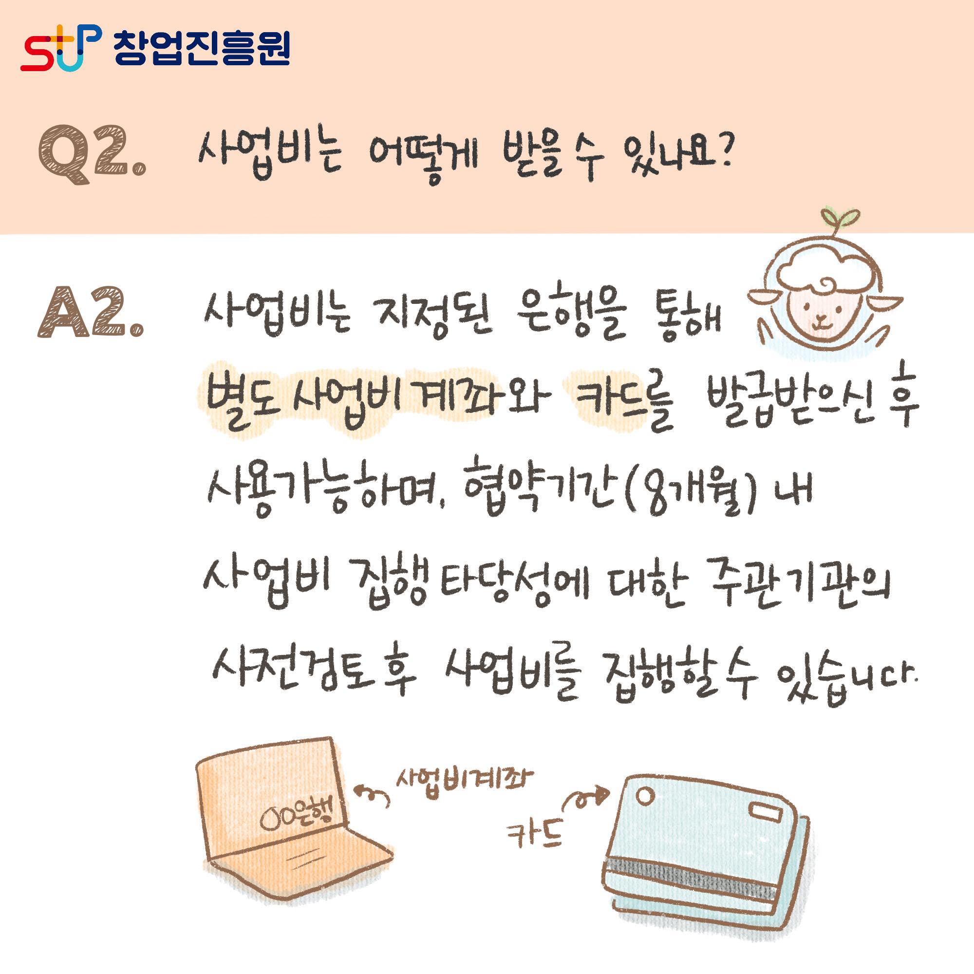 Q2. 사업비는 어떻게 받을 수 있나요? A2. 사업비는 지정된 은행을 통해 별도사업비계좌와 카드를 발급받으신 후 사용가능하며, 협약기간(8개월)내 사업비 집행 타당성에 대한 주관기관의 사전검토 후 사업비를 집행할 수 있습니다.