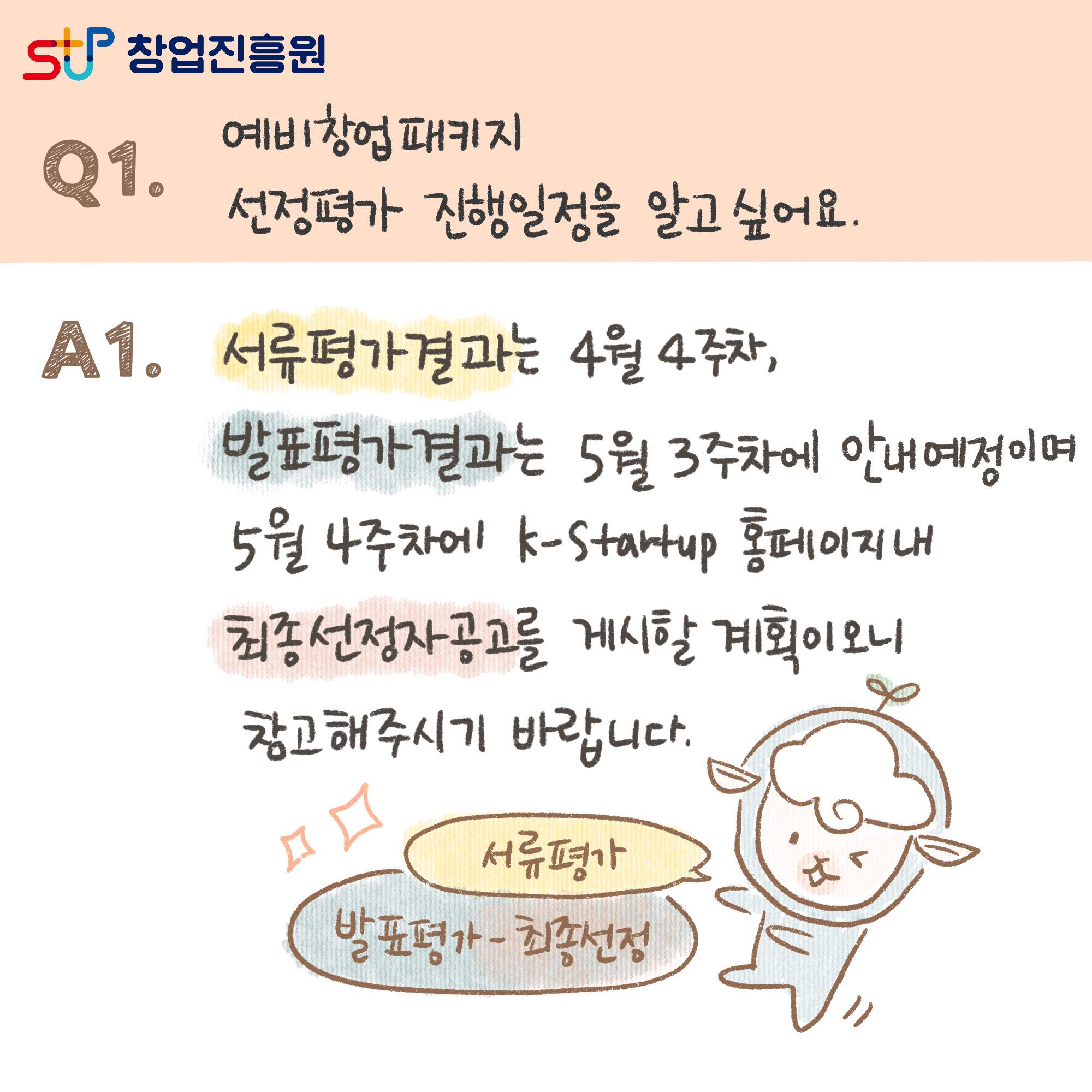 Q1. 예비창업패키지 선정평가 진행일정을 알고 싶어요. A1. 서류평가결과는 4월 4주차, 발표평가결과는 5월 3주차에 안내예정이며 5월 4주차에 K-Statup 홈페이지 내 최종선정자공고를 게시할 계획이오니 참고해주시기 바랍니다. 