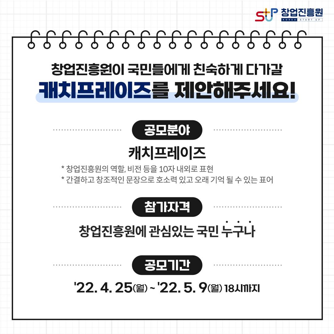 창업진흥원이 국민들에게 친숙하게 다가갈 캐치프레이즈를 제안해주세요! 공모분야 : 캐치프레이즈 *창업진흥원의 역할, 비전 등을 10자 내외로 표현 *간결하고 창조적인 문장으로 호소력 있고 오래 기억 될 수 있는 표어, 참가자격 : 창업진흥원에 관심있는 국민 누구나 / 공모기간 : '22.4.25(월) ~ '22.5.9(월) 18시까지