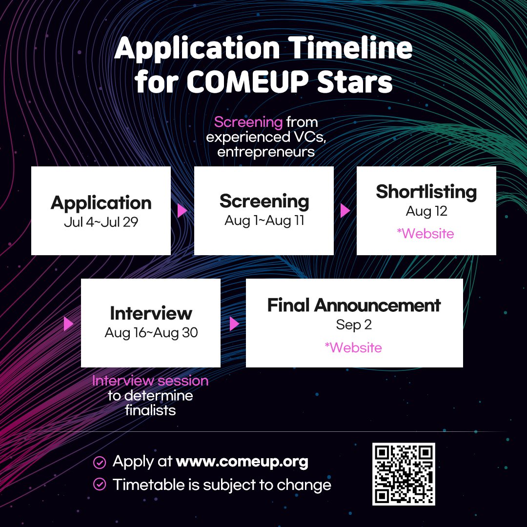 Application Timeline for COMEUP Stars. Screening form experienced VSs, entrepreneurs. Application Jul 4~Jul 29 > Screening Aug 1~Aug 11 > Shortlisting Aug 12 * Website > Interview Aug 16~ Aug 30. Interview session to determine finalists > Final Announcement Sep 2 * Website. - Apply at www.comeup.org / Timetable is subject to change
QR코드 