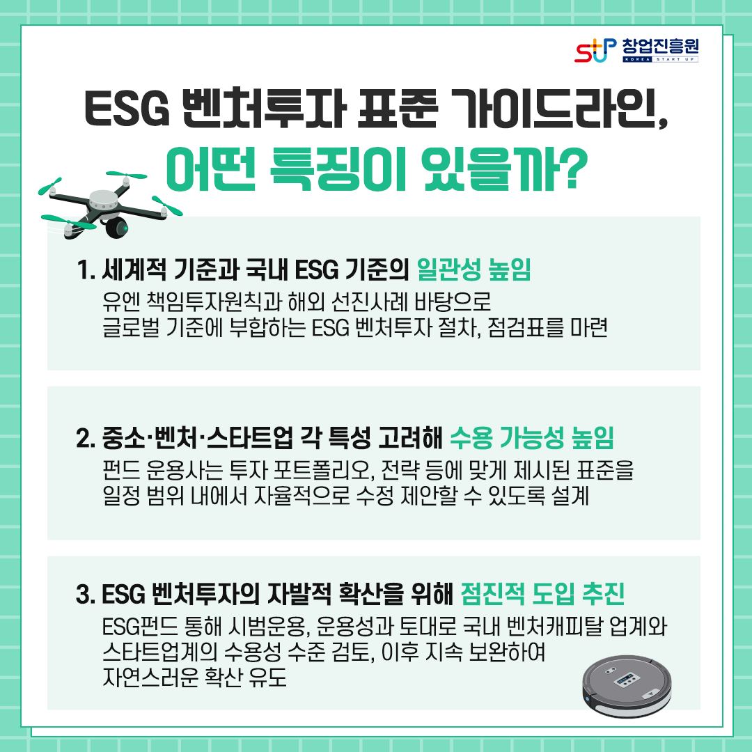 ESG 벤처투자 표준 가이드라인, 어떤 특징이 있을까? 1. 세계적 기준과 국내 ESG 기준의 일관성 높임 : 유엔 책임투자원칙과 해외 선진사례 바탕으로 글로벌 기준에 부합하는 ESG 벤처투자 절차, 점검표를 마련. 2. 중소·벤처·스타트업 각 특성 고려해 수용 가능성 높임 : 펀드 운용사는 투자 포트폴리오, 전략 등에 맞게 제시된 표준을 일정 범위 내에서 자율적으로 수정 제안할 수 있도록 설계. 3. ESG 벤처투자의 자발적 확산을 위해 점진적 도입 추진 : ESG 펀드 통해 시범운용, 운용성과 토대로 국내 벤처캐피탈 업계와 스타트업계의 수용성 수준 검토, 이후 지속 보완하여 자연스러운 확산 유도