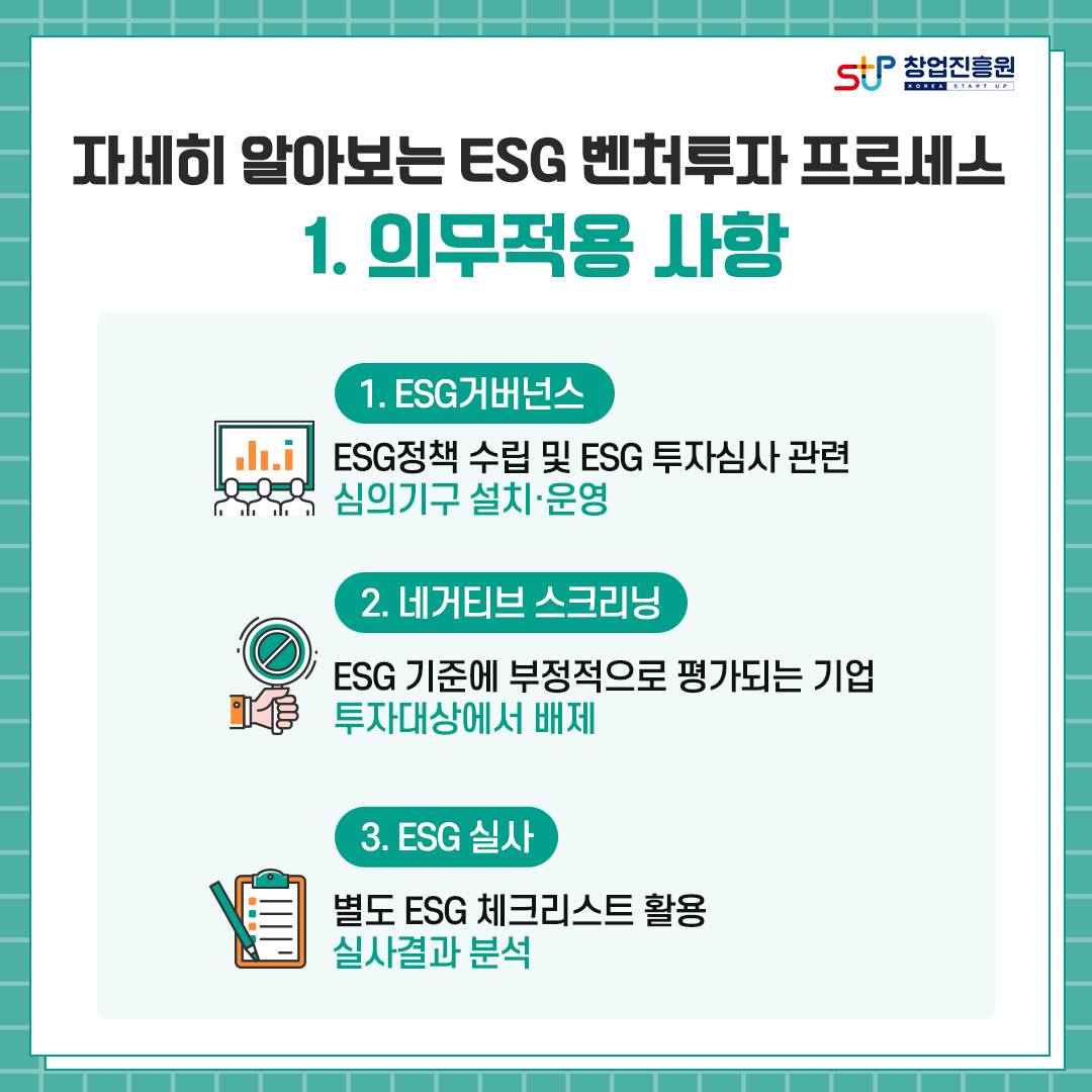 자세히 알아보는 ESG 벤처투자 프로세스 1.의무적용 사항 : 1.ESG거버넌스 - ESG정책 수립 및 ESG 투자심사 관련 심의기구 설치·운영. 2.네거티브 스크리닝 -ESG 기준에 부정적으로 평가되는 기업 투자대상에서 배제. 3.ESG 실사 - 별도 ESG 체크리스트 활용 실사결과 분석