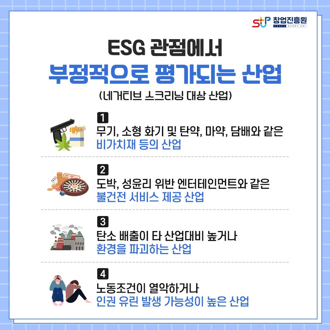 ESG 관점에서 부정적으로 평가되는 산업(네거티브 스크리닝 대상 산업) 1. 무기, 소형 화기 및 탄약, 마약, 담배와 같은 비가치재 등의 산업. 2.도박, 성윤리 위반 엔터테인먼트와 같은 불건전 서비스 제공 산업. 3.탄소 배출이 타 산업대비 높거나 환경을 파괴하는 산업. 4.노동조건이 열악하거나 인권 유린 발생 가능성이 높은 산업