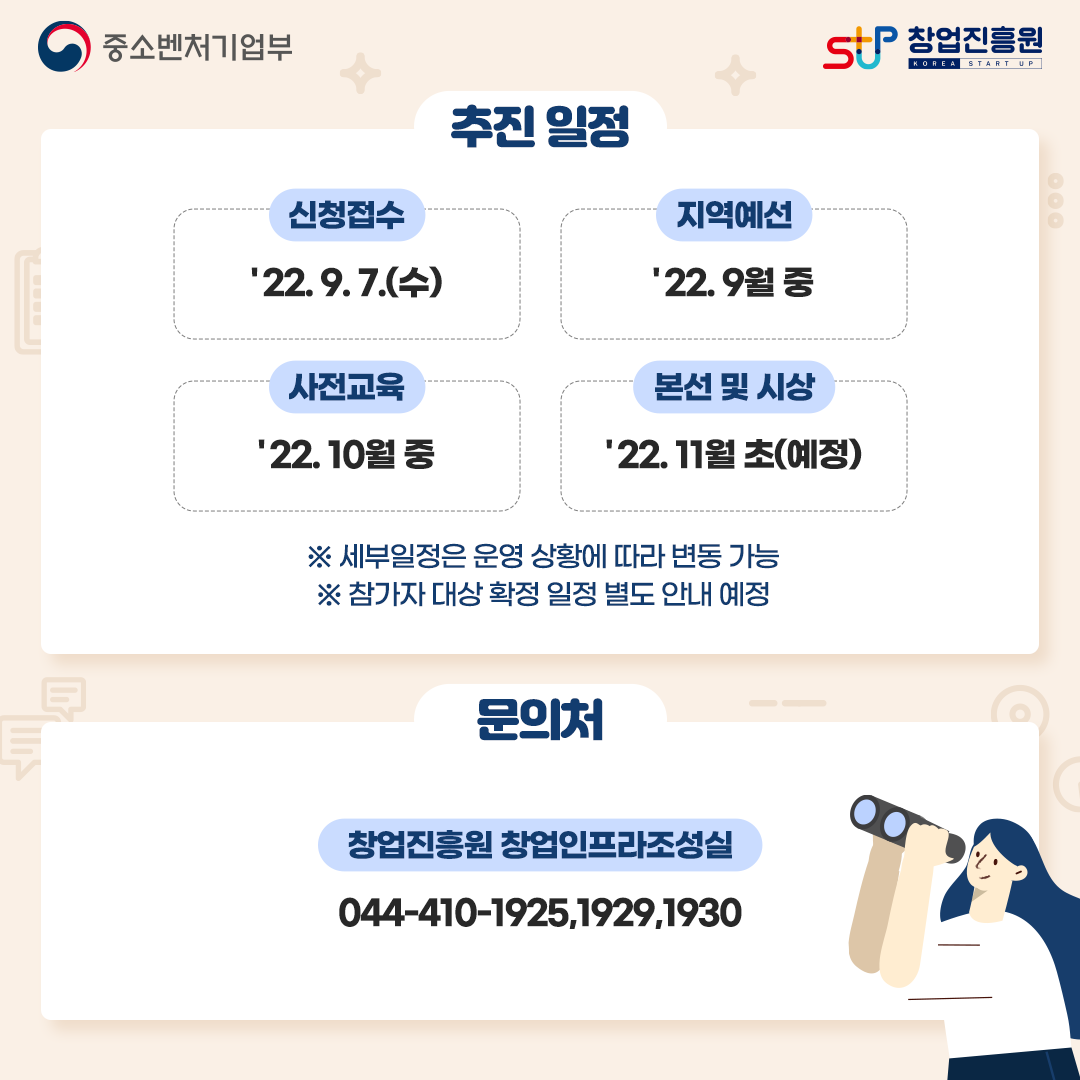 추진 일정. 신청접수 : '22. 9. 7.(수). 지역예선 : '22. 9월 중. 사전교육 : '22. 10월 중. 본선 및 시상 : '22. 11월 초(예정). ※ 세부일정은 운영 상황에 따라 변동 가능 / ※ 참가자 대상 확정 일정 별도 안내 예정. 문의처 : 창업진흥원 창업인프라조성실 044-410-1925,1929,1930