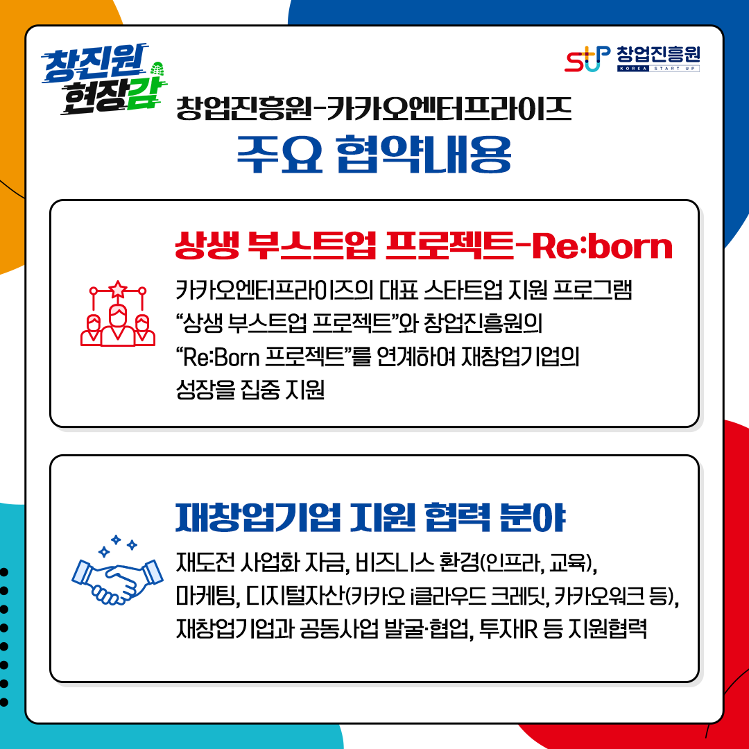 창업진흥원-카카오엔터프라이즈 주요 협약내용 : 1. 상생 부스트업 프로젝트-Re:born : 카카오엔터프라이즈의 대표 스타트업 지원 프로그램 상생 부스트업 프로젝트와 창업진흥원의 Re:Born 프로젝트를 연계하여 재창업기업의 성장을 집중 지원 / 2. 재창업기업 지원 협력 분야 : 재도전 사업화 자금, 비즈니스 환경(인프라, 교육), 마케팅, 디지털자산(카카오 i클라우드 크레딧, 카카오워크 등), 재창업기업과 공동사업 발굴·협업, 투자IR 등 지원협력