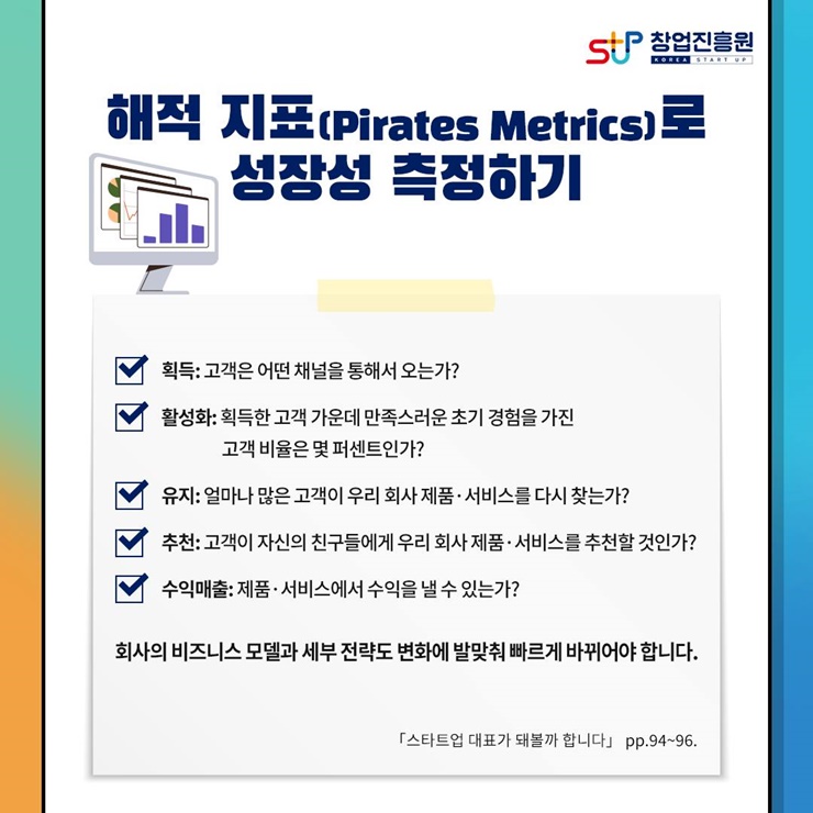 해적 지표(Pirates Metrics)로
성장성 측정하기
획득: 고객은 어떤 채널을 통해서 오는가?
활성화: 획득한 고객 가운데 만족스러운 초기 경험을 가진 고객 비율은 몇 퍼센트인가?
유지: 얼마나 많은 고객이 우리 회사 제품·서비스를 다시 찾는가?
추천: 고객이 자신의 친구들에게 우리 회사 제품·서비스를 추천할 것인가?
수익매출: 제품·서비스에서 수익을 낼 수 있는가?
회사의 비즈니스 모델과 세부 전략도 변화에 발맞춰 빠르게 바뀌어야 합니다.
[스타트업 대표가 돼볼까 합니다] pp.94~96.