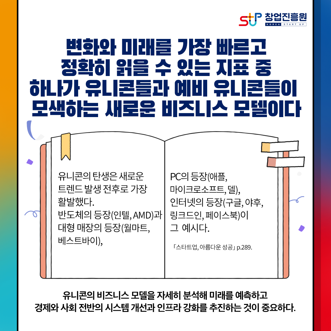변화와 미래를 가장 빠르고 
정확히 읽을 수 있는 지표 중
하나가 유니콘들과 예비 유니코들이
모색하는 새로운 비즈니스 모델이다
유니콘의 탄생은 새로운 트렌드 발생 전후로 가장 활발했다.
반도체의 등장(인텔, AMD)과 대형 매장의 등장(월마트, 베스트바이),
PC의 등장(애플, 마이크로소프트, 델),
인터넷의 등장(구글, 야후, 링크드인, 페이스북)이 그 예시다.
[스타트업, 아름다운 성공] P.289.
유니콘의 비즈니스 모델을 자세히 분석해 미래를 예측하고
경제와 사회 전반의 시스템 개선과 인프라 강화를 추진하는 것이 중요하다.