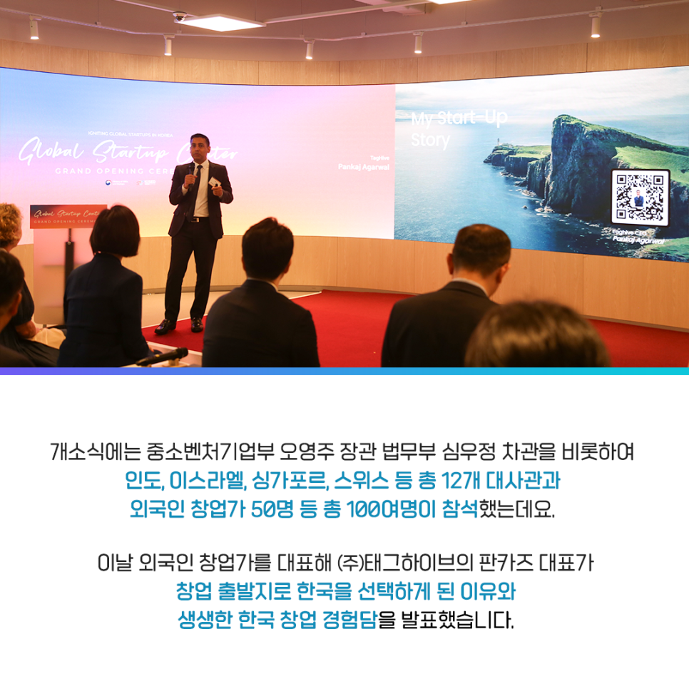 IGNITING GLOBAL STARTUPS IN KOREA
global Startup Center
GRAND OPENING CEREMONY

Ministry of SMEs and Startups   KISED

Taghive
Pankaj Agarwal

My Start Up
Story

QR이미지

개소식에는 중소벤처기업부 오영주 장관 법무부 심우정 차관을 비롯하여
인도, 이스라엘, 싱가포르, 스위스 등 총 12개 대사관과
외국인 창업가 50명 등 총 100여명이 참석했는데요.

이날 외국인 창업가를 대표해 (주)태그하이브의 판카즈 대표가
창업 출발지로 한국을 선택하게 된 이유와
생생한 한국 창업 경험담을 발표했습니다.