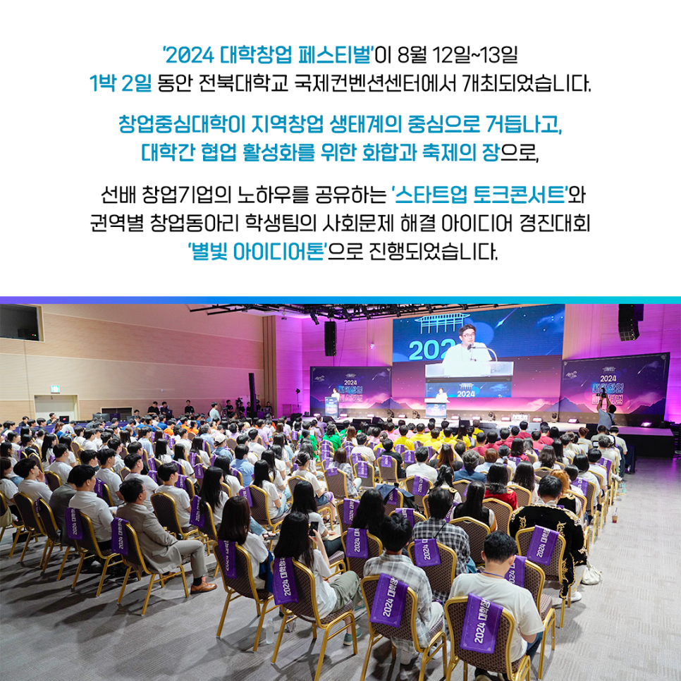 '2024 대학창업 페스티벌'이 8월 12일~13일
1박 2일 동안 전북대학교 국제컨벤션센터에서 개최되었습니다.

창업중심대학이 지역창업 생태계의 중심으로 거듭나고,
대학간 협업 활성화를 위한 화합과 축제의 장으로,

선배 창업기업의 노하우를 공유하는 '스타트업 토크콘서트'와
권역별 창업동아리 학생팀의 사회문제 해결 아이디어 경진대회
'별빛 아이디어톤'으로 진행되었습니다.

2024
대학창업
페스티벌