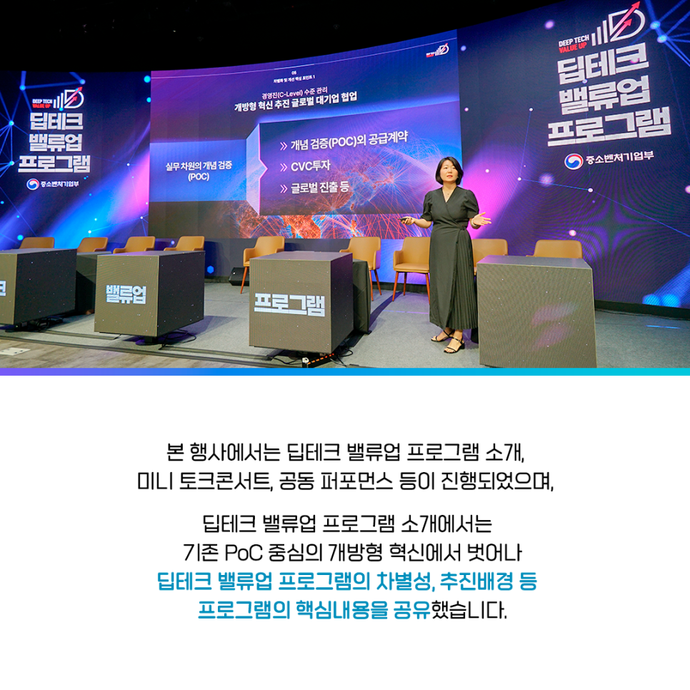 딥테크 밸류업 프로그램 론칭 행사 사진 

본 행사에서는 딥테크 밸류업 프로그램 소개,
미니 토크콘서트, 공동 퍼포먼스 등이 진행되었으며,
딥테크 밸류업 프로그램 소개에서는
기존 PoC 중심의 개방형 혁신에서 벗어나
딥테크 밸류업 프로그램의 차별성, 추진배경 등
프로그램의 핵심내용을 공유했습니다.