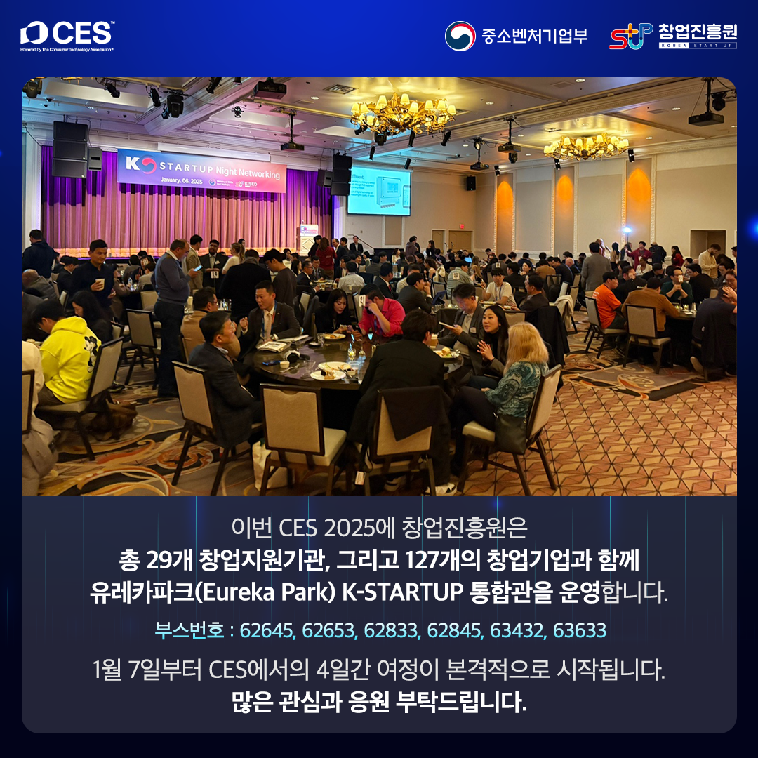 이번 CES 2025에 창업진흥원은 총 29개 창업지원기관, 그리고 127개의 창업기업과 함께 유레카파크(Eureka Park) K-STARTUP 통합관을 운영합니다.

부스번호 : 62645, 62653, 62833, 62845, 63432, 63633

1월 7일부터 CES에서의 4일간 여정이 본격적으로 시작됩니다. 많은 관심과 응원 부탁드립니다.