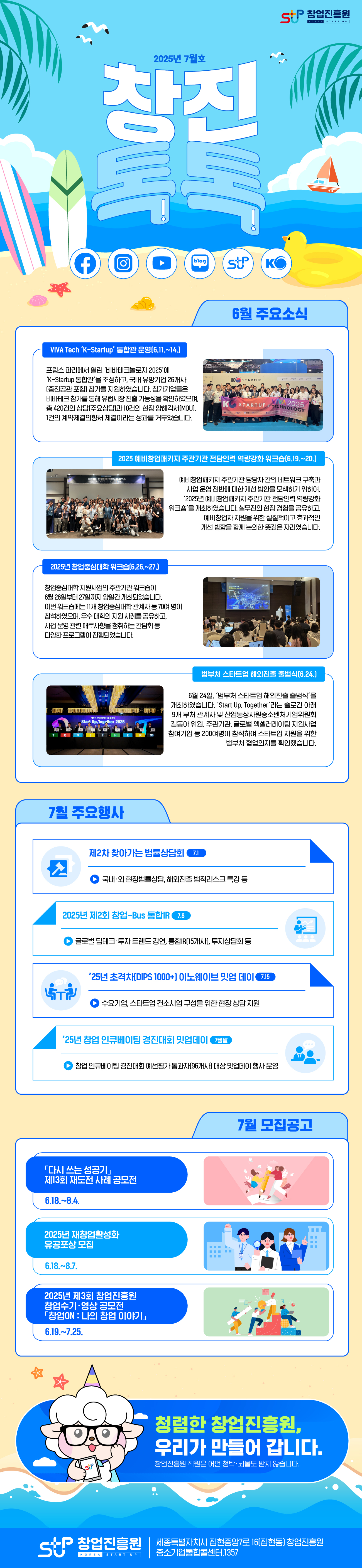 창업진흥원 2025년 7월호 창진톡톡

<6월 주요소식>
VIVA Tech ‘K-Startup’ 통합관 운영(6.11.~14.)
프랑스 파리에서 열린 ‘비바테크놀로지 2025’에 ‘K-Startup 통합관’을 조성하고, 국내 유망기업 26개사(중진공관 포함) 참가를 지원하였습니다. 참가기업들은 비바테크 참가를 통해 유럽시장 진출 가능성을 확인하였으며, 총 420건의 상담(주요상담)과 10건의 현장 양해각서(MOU), 1건의 계약체결의향서 체결이라는 성과를 거두었습니다.

2025 예비창업패키지 주관기관 전담인력 역량강화 워크숍(6.19.~20.)
예비창업패키지 주관기관 담당자 간의 네트워크 구축과 사업 운영 전반에 대한 개선 방안을 모색하기 위하여, ‘2025년 예비창업패키지 주관기관 전담인력 역량강화 워크숍’을 개최하였습니다. 실무진의 현장 경험을 공유하고, 예비창업자 지원을 위한 실질적이고 효과적인 개선 방향을 함께 논의한 뜻깊은 자리였습니다.

2025년 창업중심대학 워크숍(6.26.~27.)
창업중심대학 지원사업의 주관기관 워크숍이 6월 26일부터 27일까지 양일간 개최되었습니다. 이번 워크숍에는 11개 창업중심대학 관계자 등 70여 명이 참석하였으며, 우수 대학의 지원 사례를 공유하고, 사업 운영 관련 애로사항을 청취하는 간담회 등 다양한 프로그램이 진행되었습니다.

범부처 스타트업 해외진출 출범식(6.24.)
6월 24일, ‘범부처 스타트업 해외진출 출범식’을 개최하였습니다. ‘Start Up, Together’라는 슬로건 아래 9개 부처 관계자 및 산업통상자원중소벤처기업위원회 김동아 의원, 주관기관, 글로벌 액셀러레이팅 지원사업 참여기업 등 200여명이 참석하여 스타트업 지원을 위한 범부처 협업의지를 확인했습니다.

<7월 주요행사>
제2차 찾아가는 법률상담회(7.1)
국내·외 현장법률상담, 해외진출 법적리스크 특강 등

2025년 제2회 창업-Bus 통합IR(7.8)
글로벌 딥테크·투자 트렌드 강연, 통합IR(15개사), 투자상담회 등

’25년 초격차(DIPS 1000+) 이노웨이브 밋업 데이(7.15)
수요기업, 스타트업 컨소시엄 구성을 위한 현장 상담 지원

’25년 창업 인큐베이팅 경진대회 밋업데이(7월말)
 창업 인큐베이팅 경진대회 예선평가 통과자(96개사) 대상 밋업데이 행사 운영

<모집공고(7월)>
「다시 쓰는 성공기」 제13회 재도전 사례 공모전(6.18.~8.4.)
2025년 재창업활성화 유공포상 모집(6.18.~8.7.)
2025년 창업진흥원 제3회 창업수기·영상 공모전 「창업ON : 나의 창업이야기」(6.19.~7.25.)

청렴한 창업진흥원, 우리가 만들어 갑니다.
창업진흥원 직원은 어떤 청탁·뇌물도 받지 않습니다.

세종특별자치시 집현중앙7로 16(집현동) 창업진흥원
중소기업통합콜센터.1357