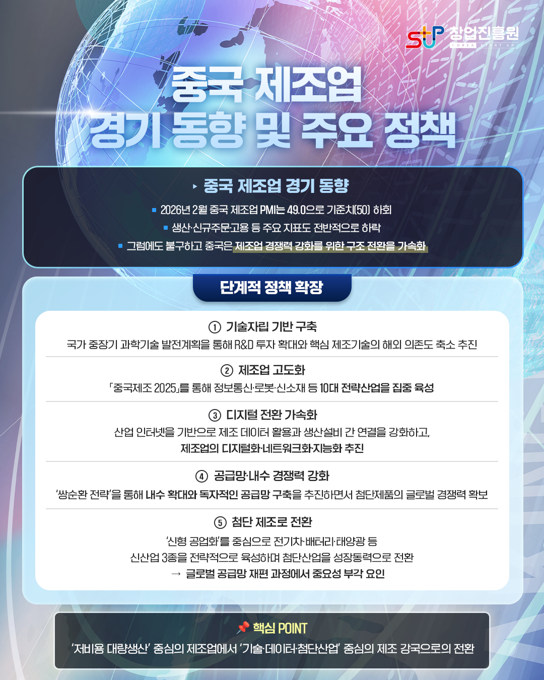 중국 제조업 경기 동향 및 주요정책

▸ 중국 제조업 경기 동향
◾ 2026년 2월 중국 제조업 PMI는 49.0으로 기준치(50) 하회
◾ 생산•신규주문•고용 등 주요 지표도 전반적으로 하락
◾ 그럼에도 불구하고 중국은 제조업 경쟁력 강화를 위한 구조 전환을 가속화

단계적 정책 확장

⓵ 기술 자립 기반 구축
국가 중장기 과학기술 발전 계획을 통해
R&D 투자 확대와 핵심 제조 기술의 해외 의존도 축소 추진

⓶ 제조업 고도화
「중국제조 2025」를 통해 정보통신•로봇•신소재 등 10대 전략 산업을 집중 육성

⓷ 디지털 전환 가속화
산업 인터넷을 기반으로 제조 데이터 활용과 생산설비 간 연결을 강화하고,
제조업의 디지털화•네트워크화•지능화 추진

⓸ 공급망•내수 경쟁력 강화
’쌍순환 전략‘을 통해 내수 확대와 독자적인 공급망 구축을 추진하면서
첨단제품의 글로벌 경쟁력 확보

⓹ 첨단 제조로 전환
’신형 공업화‘를 중심으로 전기차•배터리•태양광 등
신산업 3종을 전략적으로 육성하며 첨단 산업을 성장 동력으로 전환
▸글로벌 공급망 재편 과정에서 중요성 부각 요인

핵심 POINT
’저비용 대량생산‘ 중심의 제조업에서 ’기술·데이터·첨단산업‘
중심의 제조 강국으로 전환