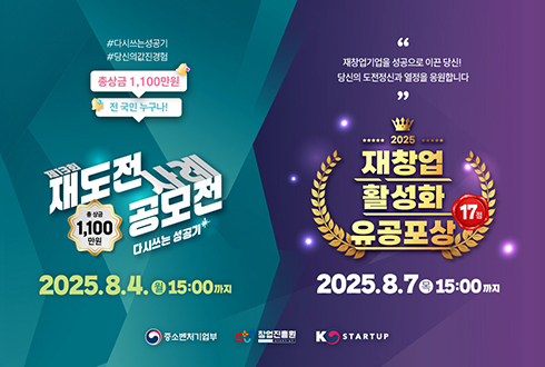 #다시쓰는성공기
#당신의값진경험
총상금 1,100만원
전 국민 누구나!
제13회 재도전 사례 공모전
다시쓰는 성공기
총상금 1,100만원
2025.8.4.(월) 15:00까지 
"재창업기업을 성공으로 이끈 당신! 
당신의 도전정신과 열정을 응원합니다"
2025 재창업 활성화 유공포상 17점
2025.8.7(목) 15:00까지
중소벤처기업부 창업진흥원 KSTARTUP