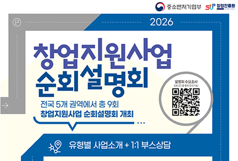 2026 창업지원사업 순회설명회
전국 5개 권역에서 총 9회 창업지원사업 순회설명회 개최
유형별 사업소개 + 1:1 부스상담
