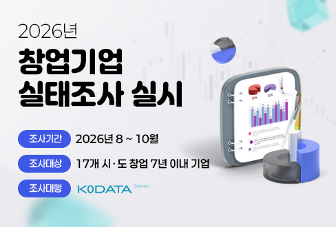 2026년 창업기업 실태조사 실시
(조사기간) 2026년 8 ~ 10월
(조사대상) 17개 시ㆍ도 창업 7년 이내 기업
(조사대행) 코데이터솔루션 주식회사